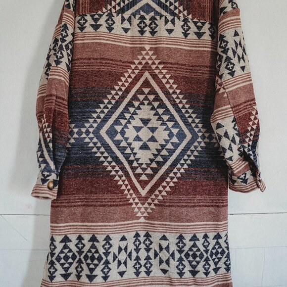 New Aztec Flannel Shacket Pink Button-Up Long Duster Shirt Jacket Womens - Picture 4 of 4